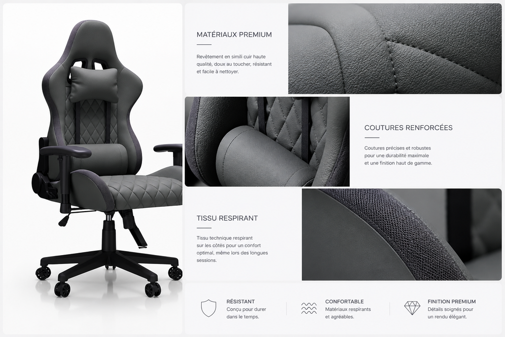Chaise de bureau RVB Phantom, appui-tête ergonomique- inclinaison 90° à 135°