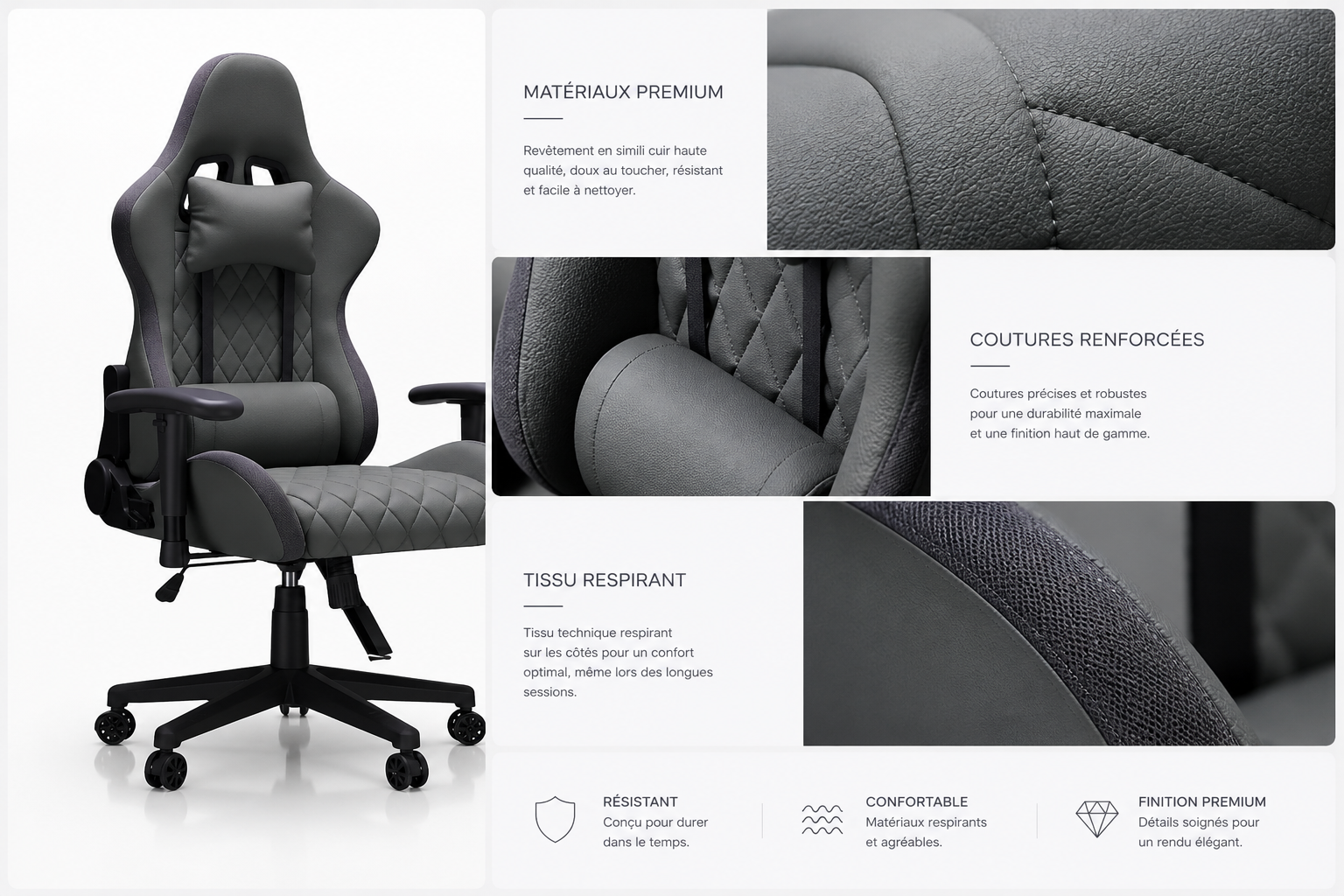 Chaise de bureau RVB Phantom, appui-tête ergonomique- inclinaison 90° à 135°