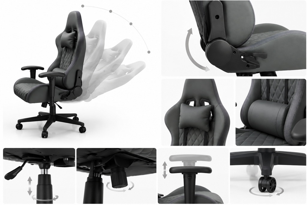Chaise de bureau RVB Phantom, appui-tête ergonomique- inclinaison 90° à 135°