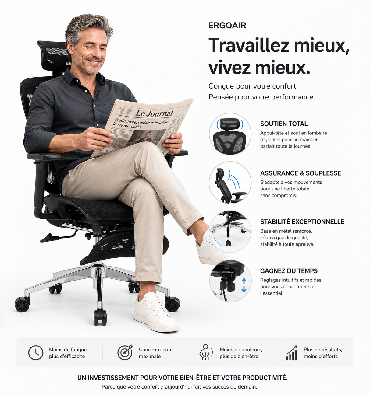 Chaise Ergonomique premium ErgoAir Appui-tête, soutien lombaire dynamique, repose pied