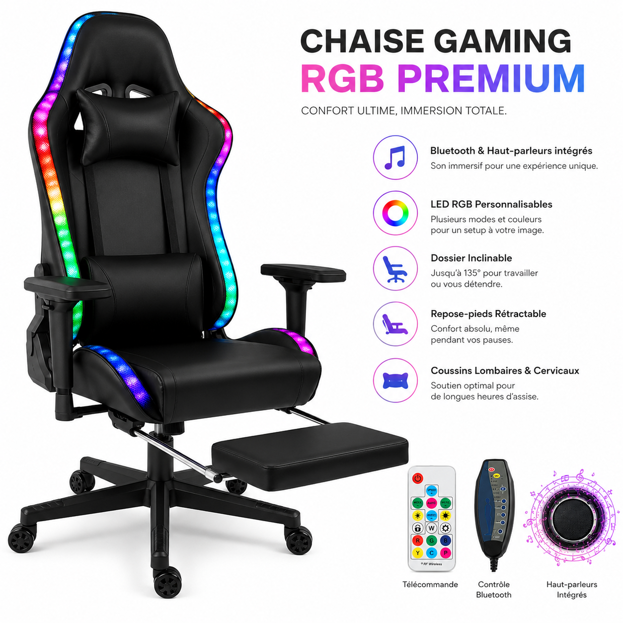 Chaise Gaming Ergonomique NeonPulse, éclairage LED, Haut parleurs Bluetooth-fonction de massage intégrés