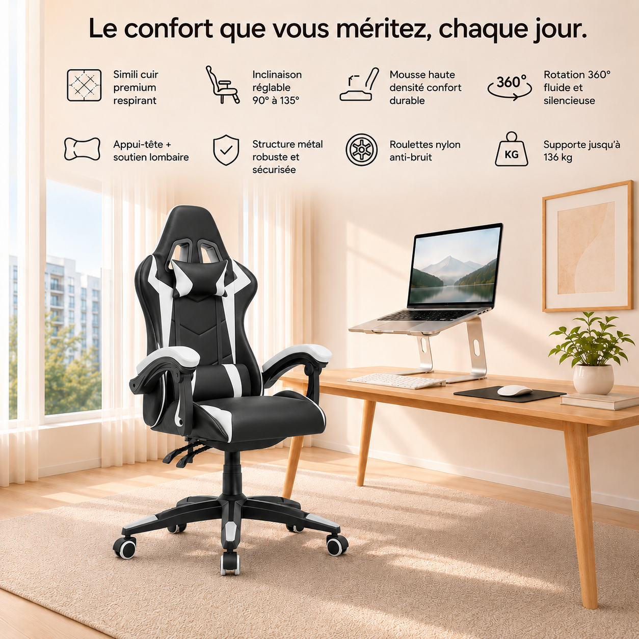 Chaise bureau Apex dans coin travail moderne - simili cuir blanche