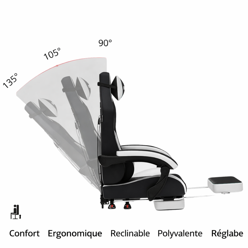 Fauteuil de bureau ergonomique & Gaming CyberGlow, revêtement synthétique de qualité, soutien appui-tête, épaules, lombaires & hanches