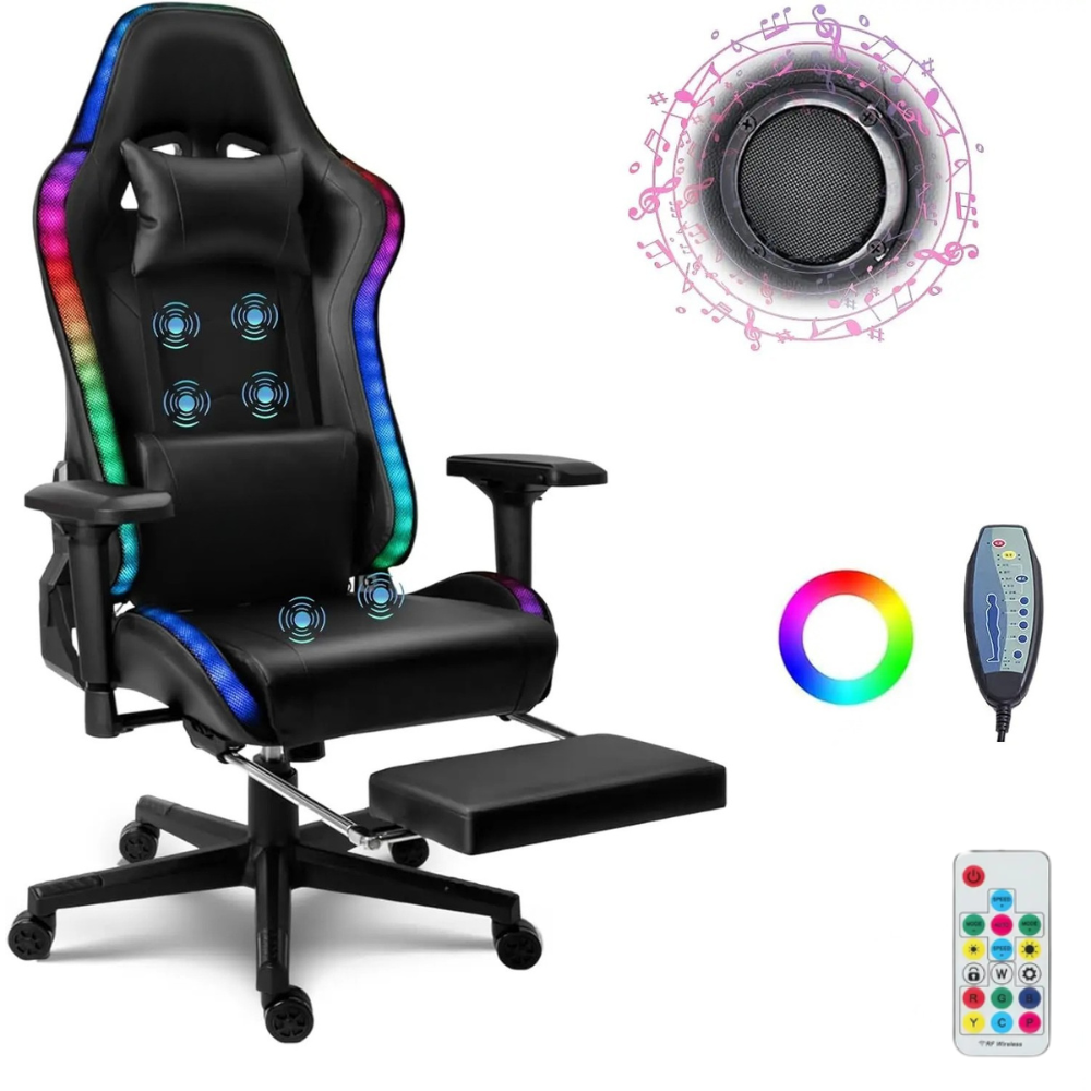Chaise Gaming Ergonomique NeonPulse, éclairage LED, Haut parleurs Bluetooth+fonction de massage intégrés, repose-pieds extensibles