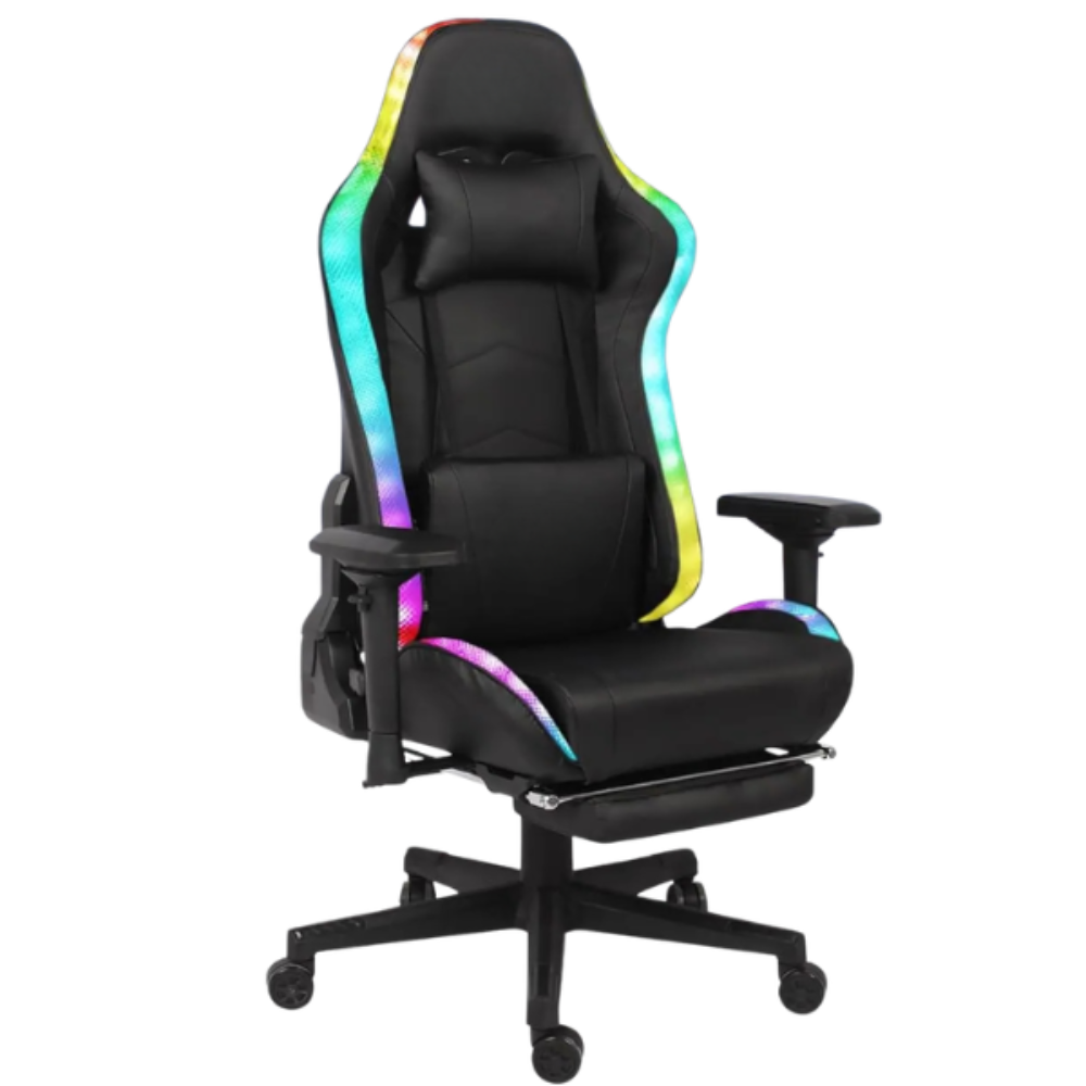 Chaise Gaming Ergonomique NeonPulse, éclairage LED, Haut parleurs Bluetooth+fonction de massage intégrés, repose-pieds extensibles