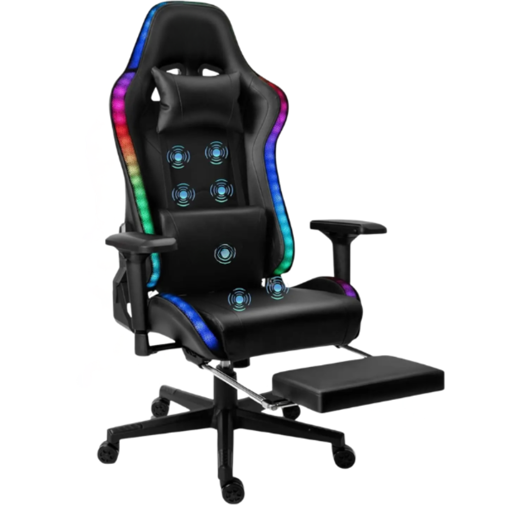 Chaise Gaming Ergonomique NeonPulse, éclairage LED, Haut parleurs Bluetooth+fonction de massage intégrés, repose-pieds extensibles