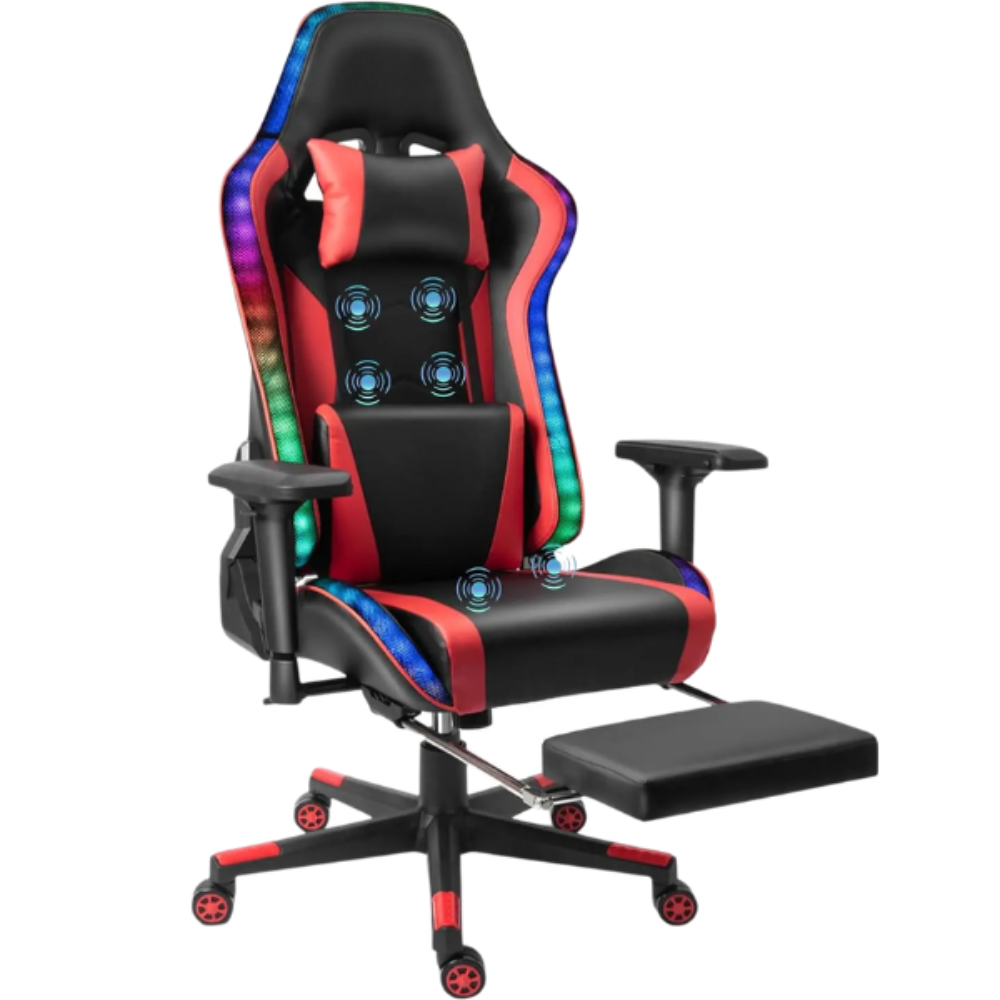 Chaise Gaming Ergonomique NeonPulse, éclairage LED, Haut parleurs Bluetooth+fonction de massage intégrés, repose-pieds extensibles