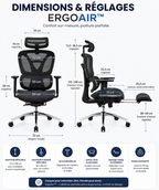 Chaise Ergonomique premium ErgoAir Appui-tête, soutien lombaire dynamique, repose pied