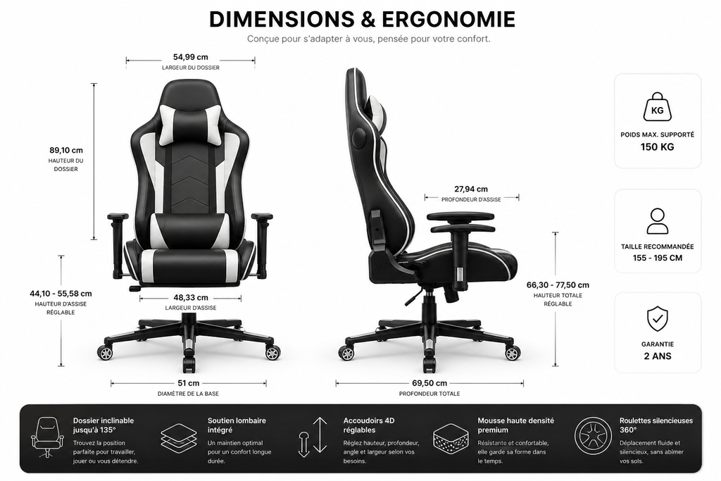 Chaise de bureau Gaming Halo bluetooth, une ergonomie & un maintien parfait