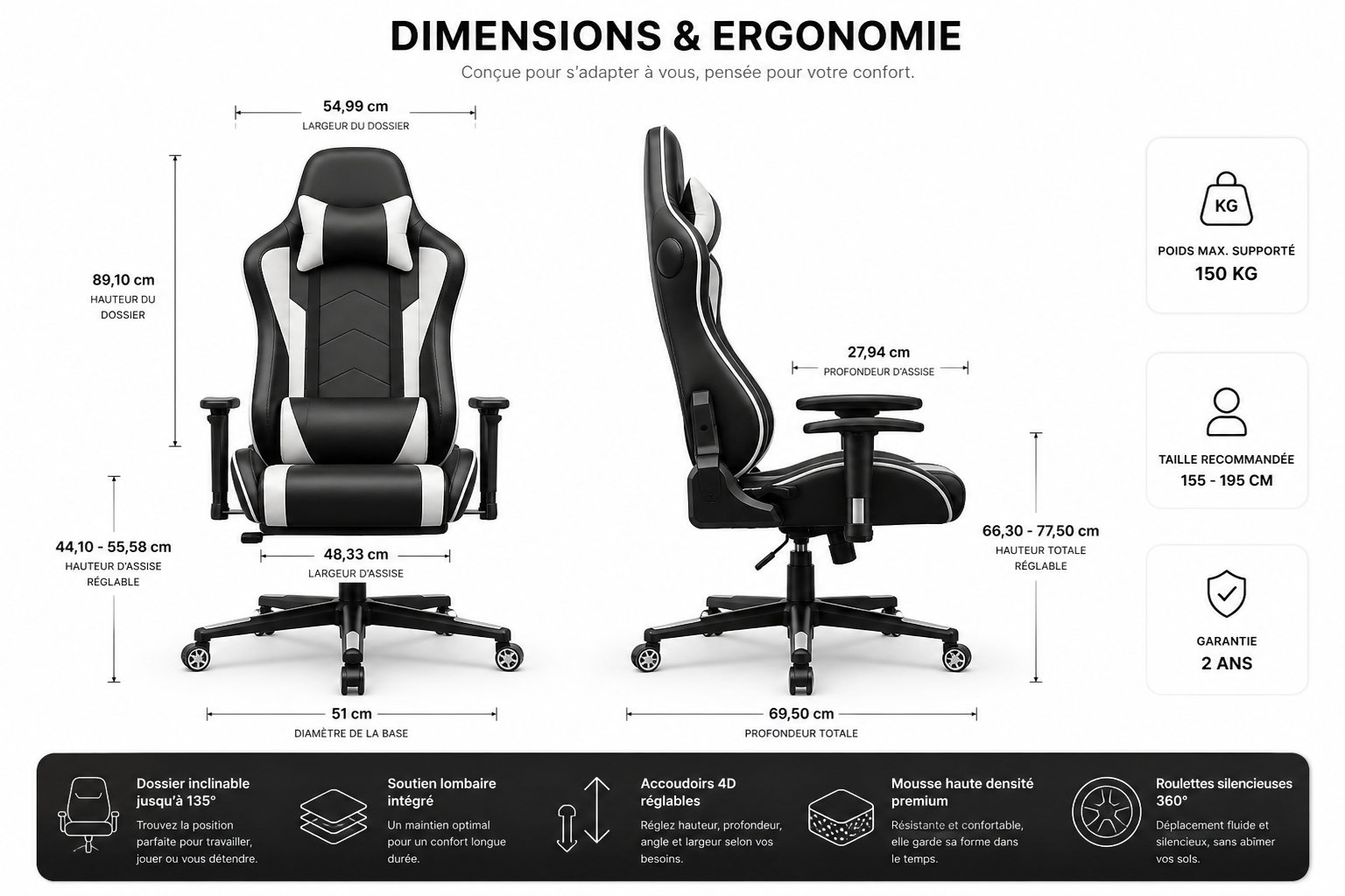 Chaise de bureau Gaming Halo bluetooth, une ergonomie & un maintien parfait
