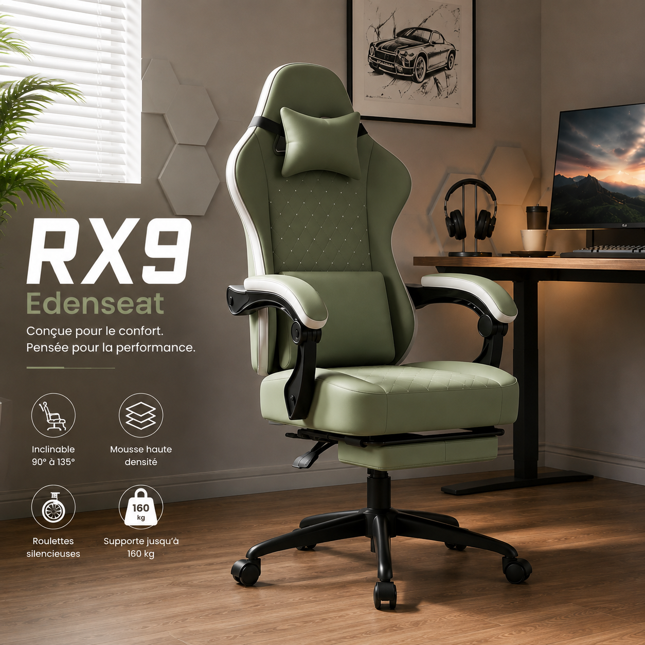 Chaise gaming RX9 Edenseat - vue de côté - dossier inclinable