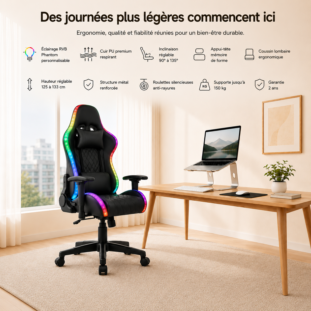 Chaise Gaming Pro Max RGB - coussin lombaire et appuie-tête - Edenseat