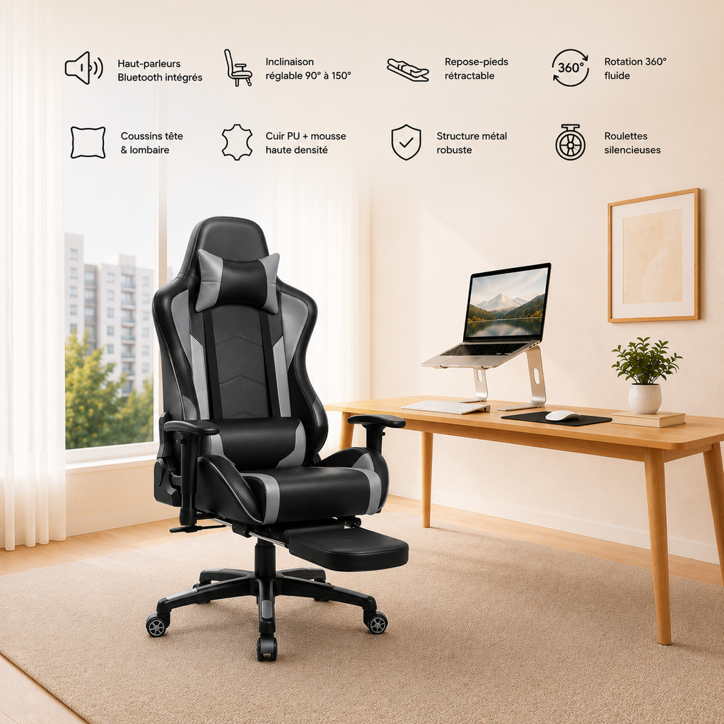 Chaise Gaming Bluetooth - Haut-Parleurs Intégrés & Rotation 360°