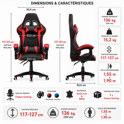 Chaise gaming simili cuir Apex Edenseat - vue de face, côté - dimension mesure 